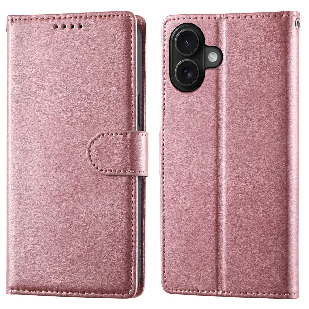 For iPhone 16 Plus Case Stand Wallet Calf Texture PU Leather Flip Phone Cover with Wrist Strap