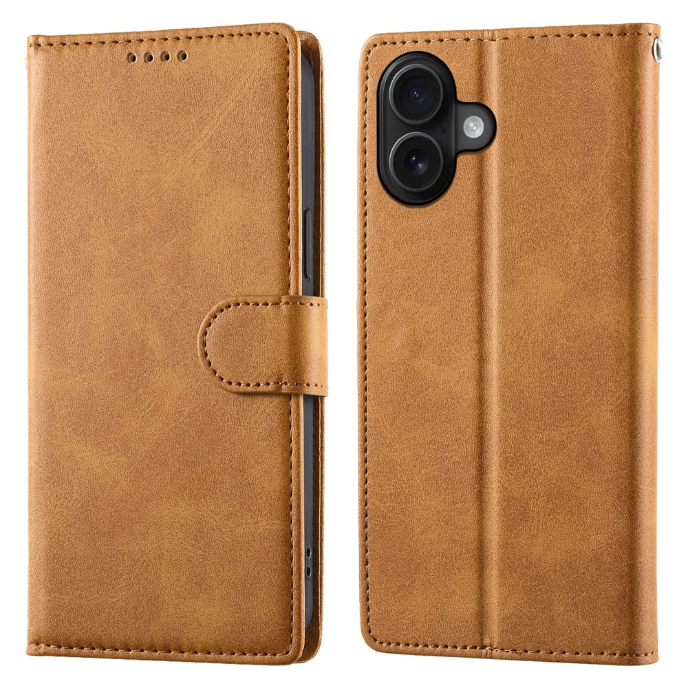 For iPhone 16 Plus Case Stand Wallet Calf Texture PU Leather Flip Phone Cover with Wrist Strap