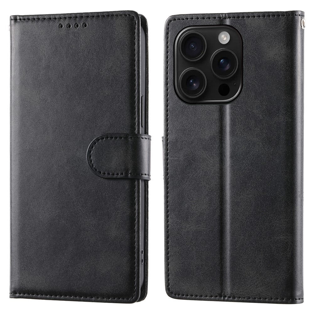 For iPhone 16 Pro Case Stand Wallet Calf Texture PU Leather Flip Phone Cover with Wrist Strap