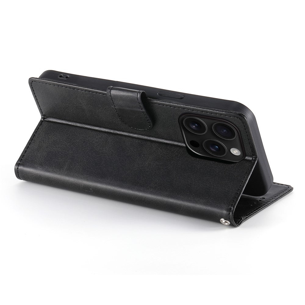 For iPhone 16 Pro Case Stand Wallet Calf Texture PU Leather Flip Phone Cover with Wrist Strap