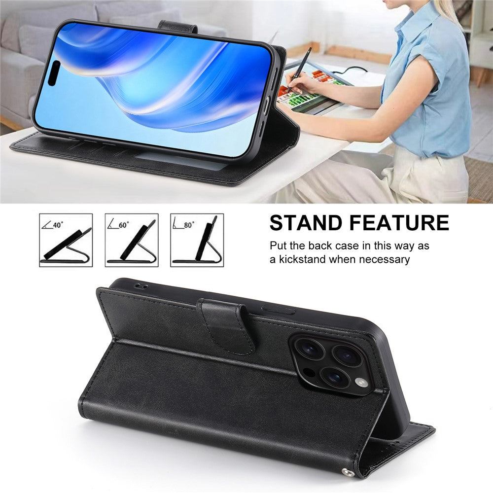 For iPhone 16 Pro Case Stand Wallet Calf Texture PU Leather Flip Phone Cover with Wrist Strap