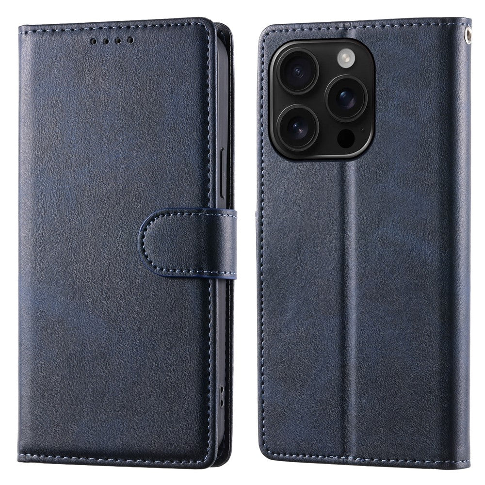 For iPhone 16 Pro Case Stand Wallet Calf Texture PU Leather Flip Phone Cover with Wrist Strap