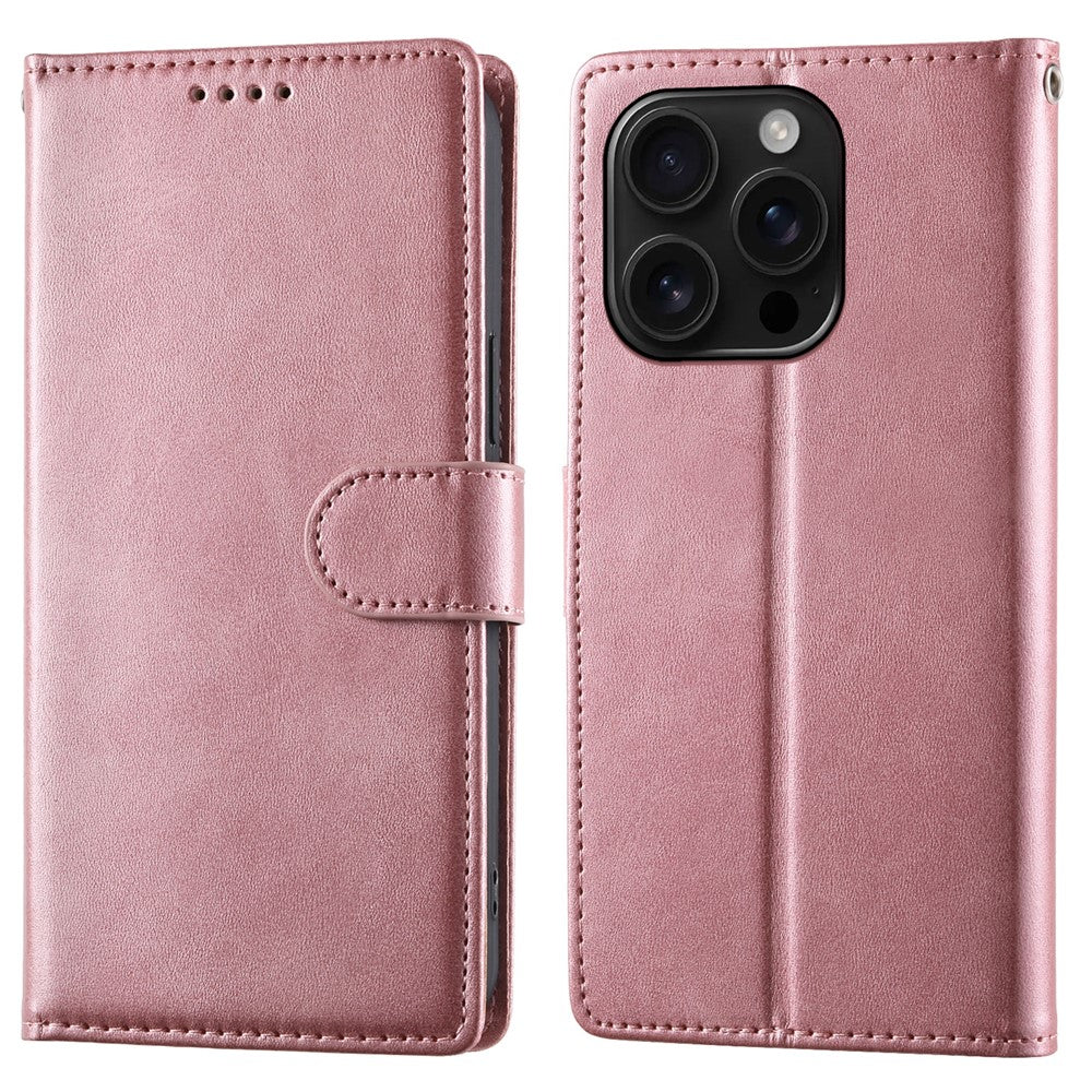 For iPhone 16 Pro Case Stand Wallet Calf Texture PU Leather Flip Phone Cover with Wrist Strap