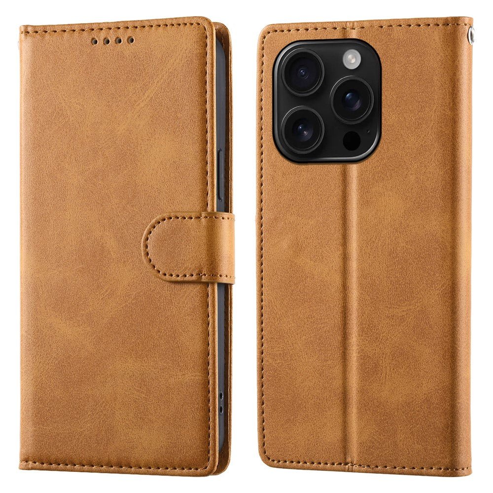 For iPhone 16 Pro Case Stand Wallet Calf Texture PU Leather Flip Phone Cover with Wrist Strap