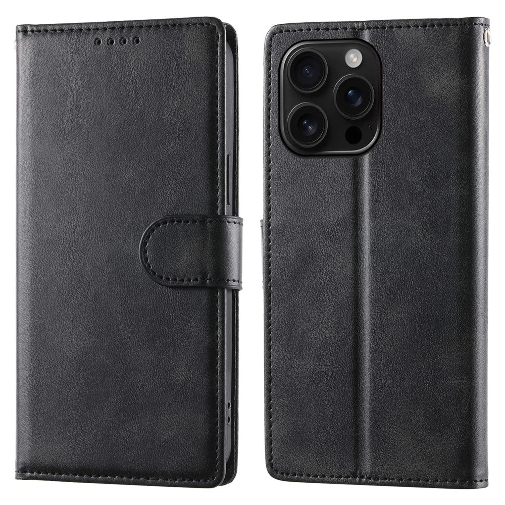 For iPhone 16 Pro Max Case Stand Wallet Calf Texture PU Leather Flip Phone Cover with Wrist Strap