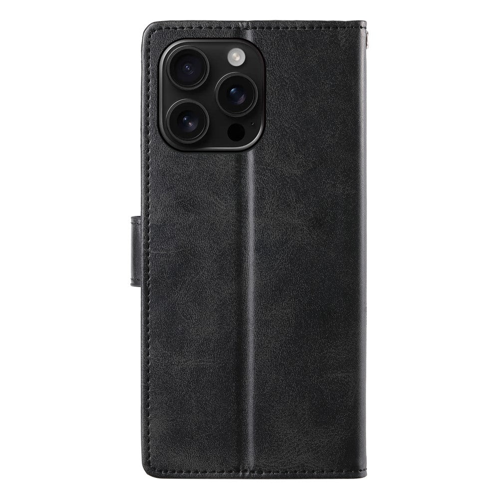 For iPhone 16 Pro Max Case Stand Wallet Calf Texture PU Leather Flip Phone Cover with Wrist Strap