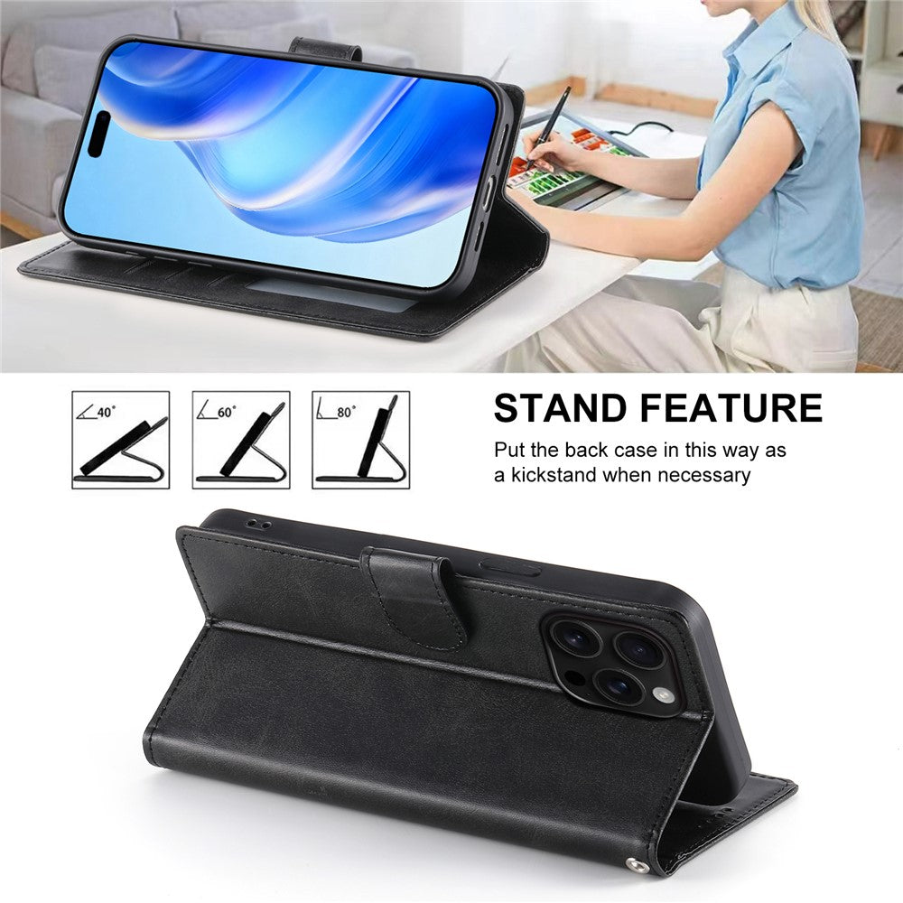 For iPhone 16 Pro Max Case Stand Wallet Calf Texture PU Leather Flip Phone Cover with Wrist Strap