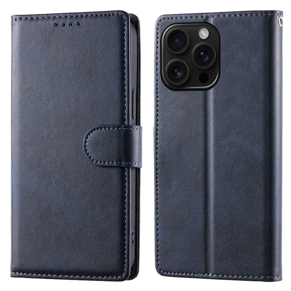 For iPhone 16 Pro Max Case Stand Wallet Calf Texture PU Leather Flip Phone Cover with Wrist Strap