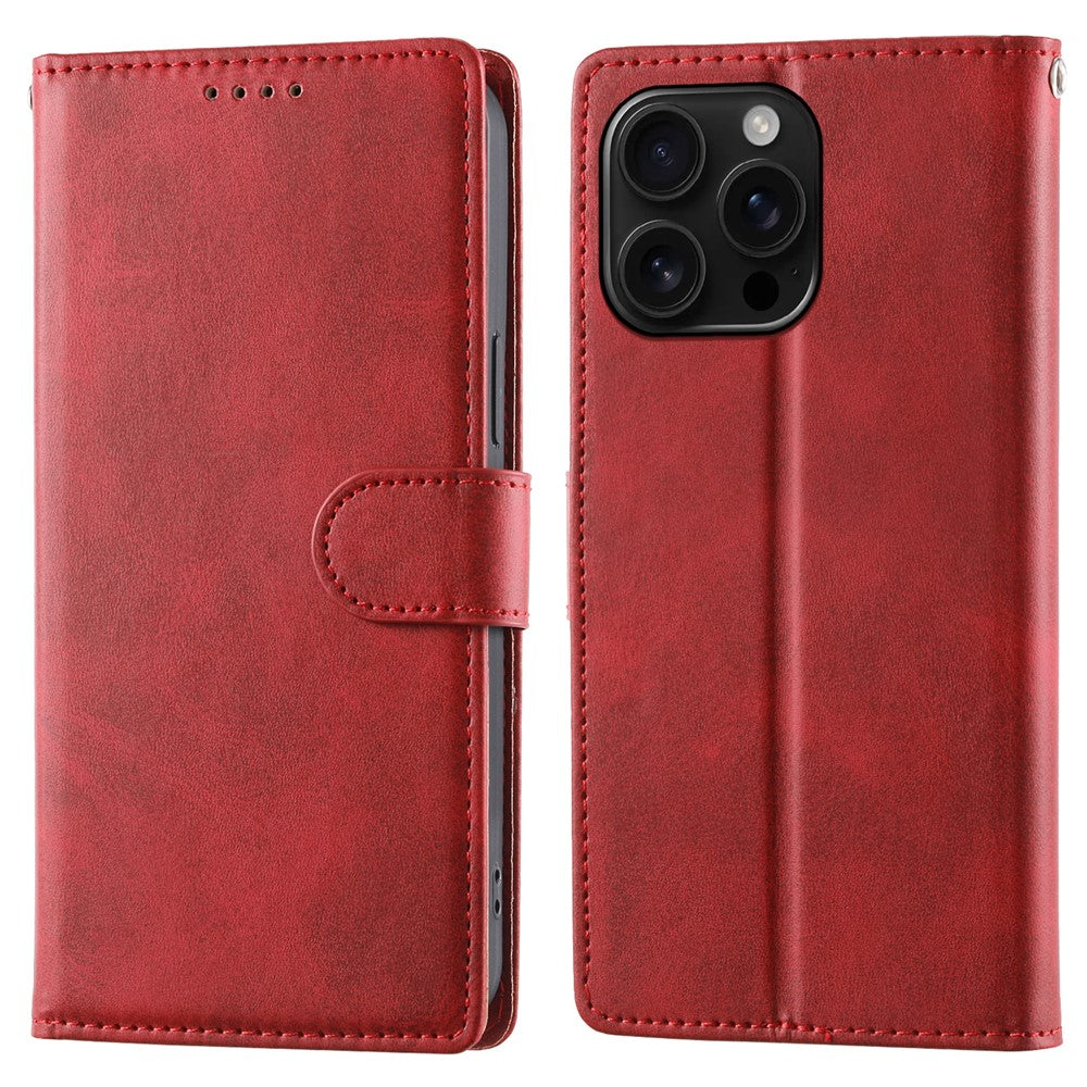 For iPhone 16 Pro Max Case Stand Wallet Calf Texture PU Leather Flip Phone Cover with Wrist Strap