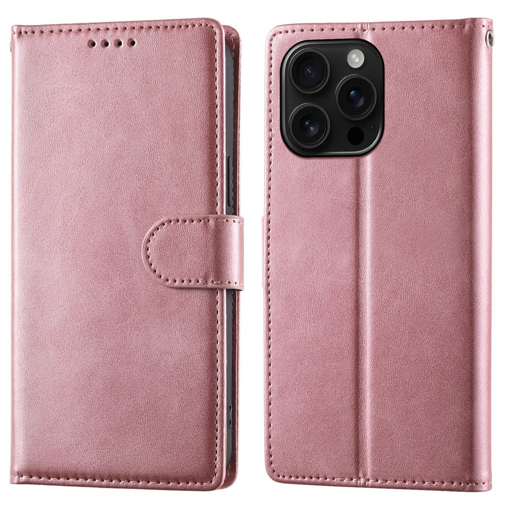 For iPhone 16 Pro Max Case Stand Wallet Calf Texture PU Leather Flip Phone Cover with Wrist Strap