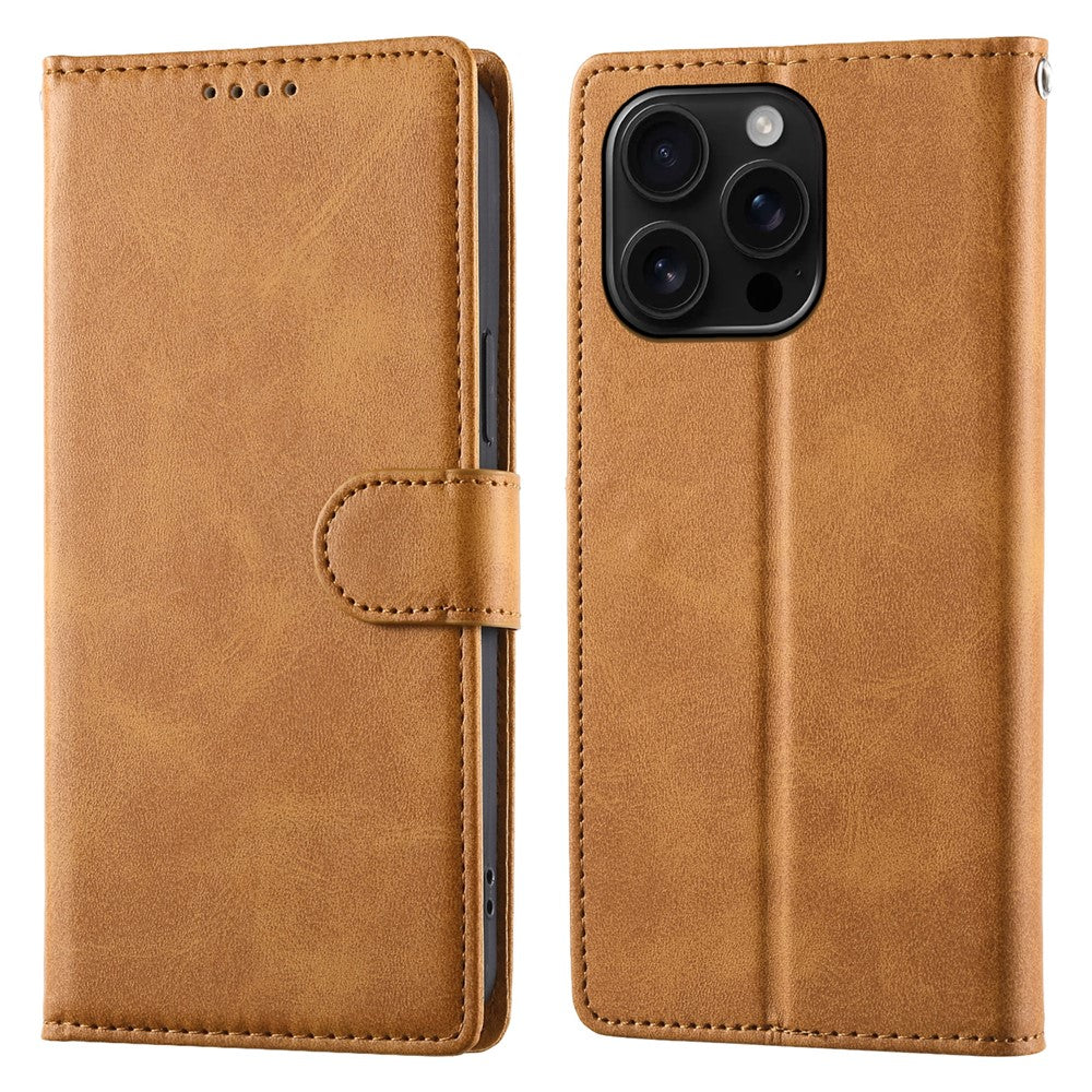 For iPhone 16 Pro Max Case Stand Wallet Calf Texture PU Leather Flip Phone Cover with Wrist Strap