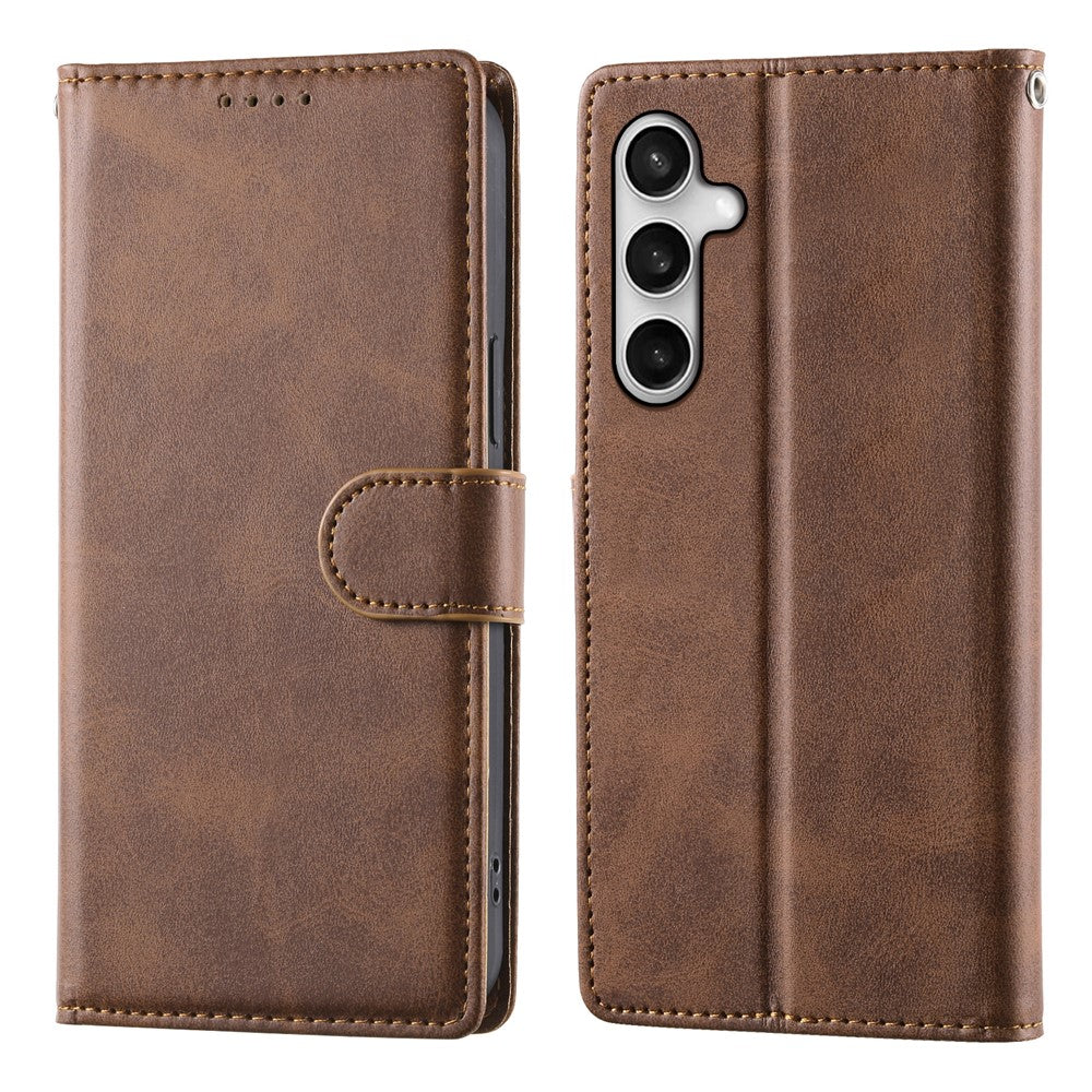 For Samsung Galaxy S25 FE Case Stand Wallet Calf Texture PU Leather Flip Phone Cover with Wrist Strap