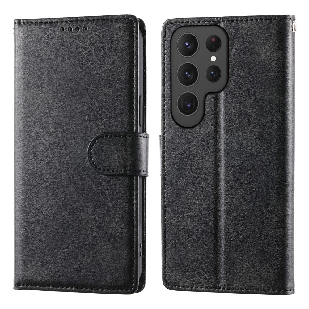For Samsung Galaxy S24 Ultra Case Stand Wallet Calf Texture PU Leather Flip Phone Cover with Wrist Strap
