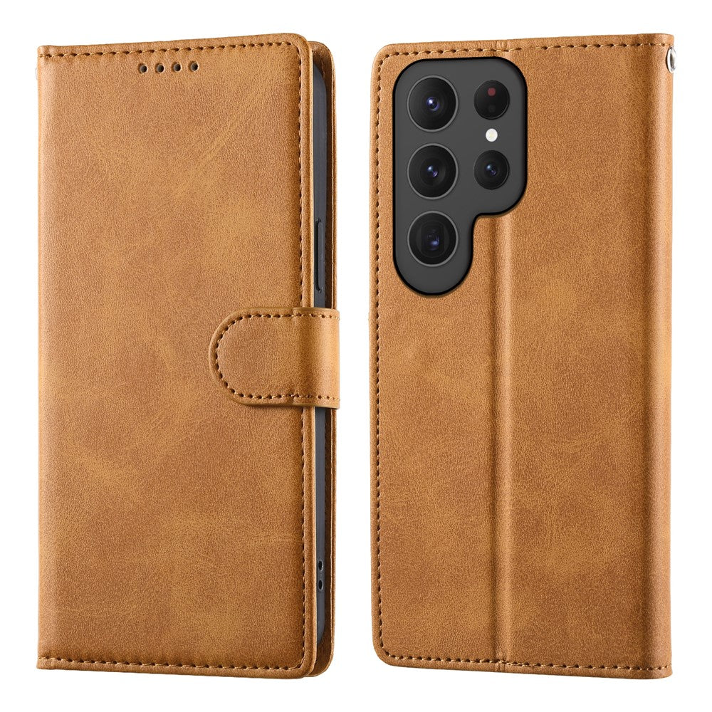 For Samsung Galaxy S24 Ultra Case Stand Wallet Calf Texture PU Leather Flip Phone Cover with Wrist Strap