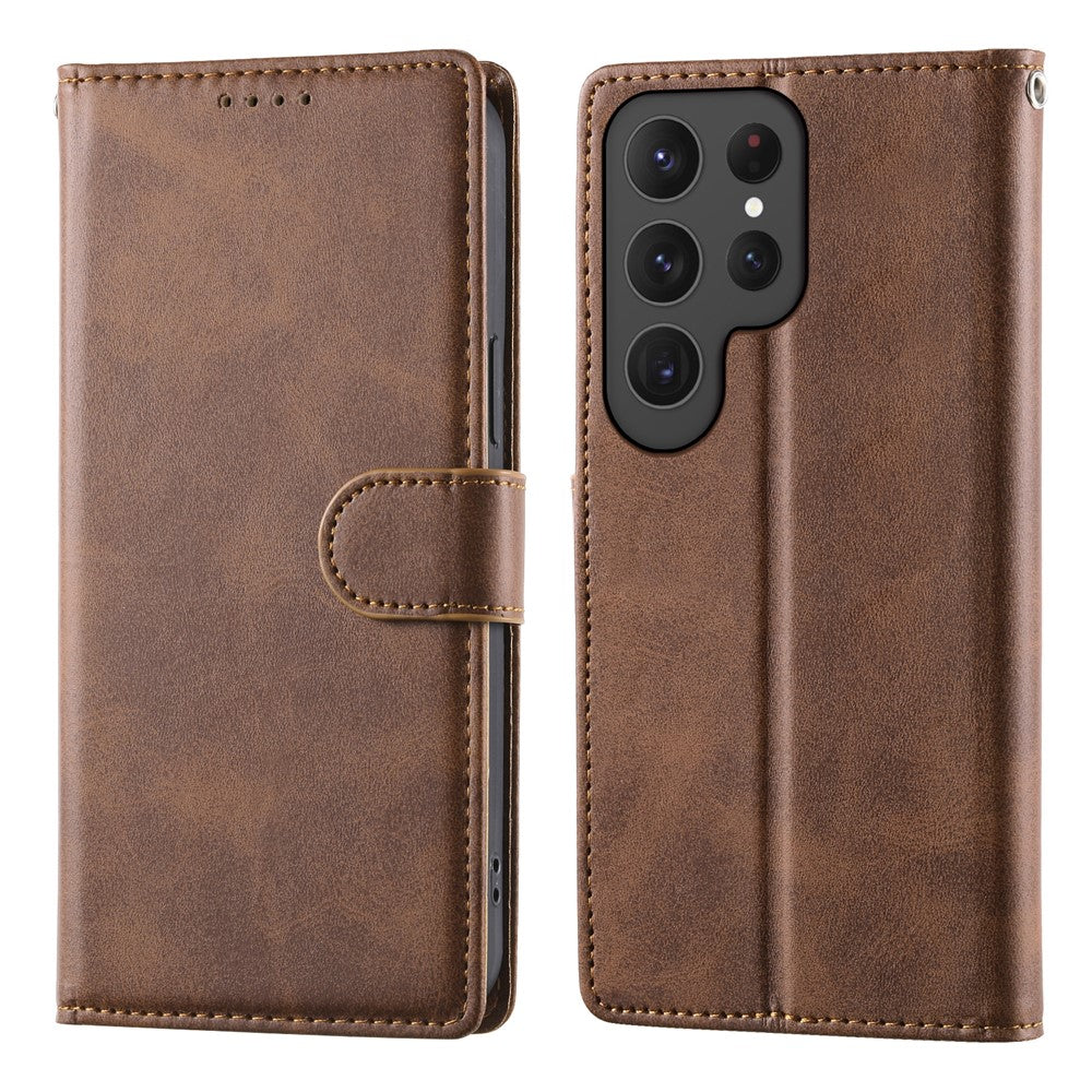 For Samsung Galaxy S24 Ultra Case Stand Wallet Calf Texture PU Leather Flip Phone Cover with Wrist Strap