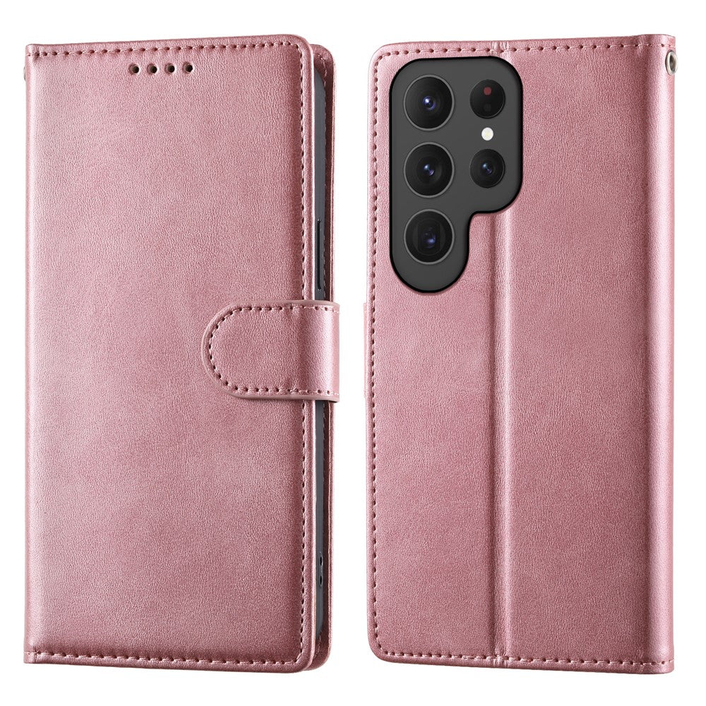 For Samsung Galaxy S24 Ultra Case Stand Wallet Calf Texture PU Leather Flip Phone Cover with Wrist Strap