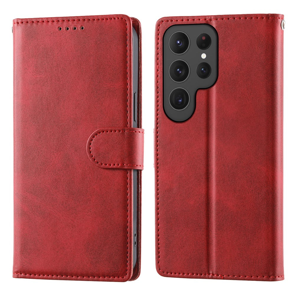 For Samsung Galaxy S24 Ultra Case Stand Wallet Calf Texture PU Leather Flip Phone Cover with Wrist Strap