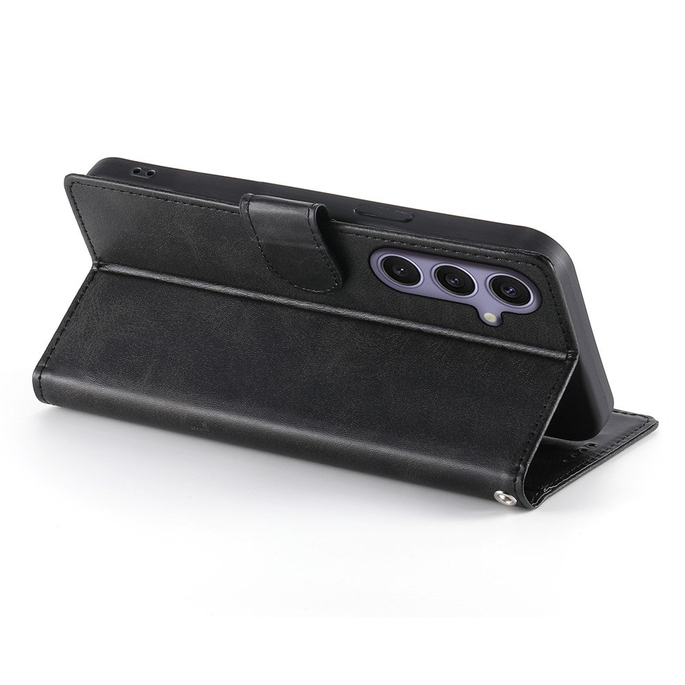 For Samsung Galaxy S25+  /  S24+ Case Stand Wallet Calf Texture PU Leather Flip Phone Cover with Wrist Strap