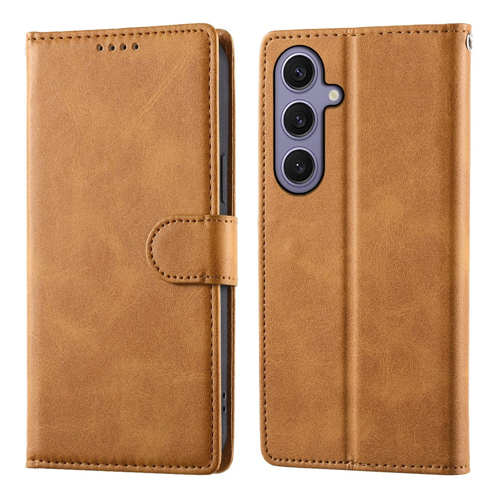 For Samsung Galaxy S25+  /  S24+ Case Stand Wallet Calf Texture PU Leather Flip Phone Cover with Wrist Strap