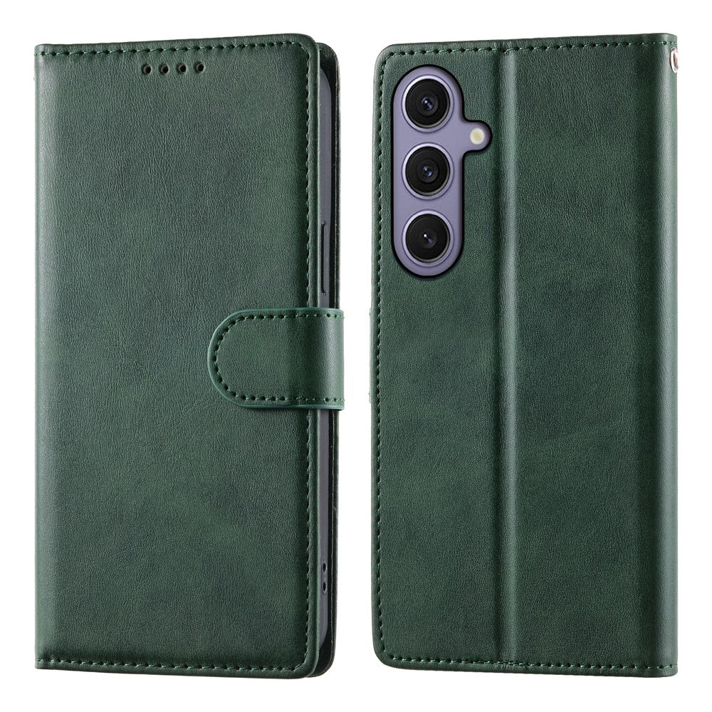 For Samsung Galaxy S25+  /  S24+ Case Stand Wallet Calf Texture PU Leather Flip Phone Cover with Wrist Strap