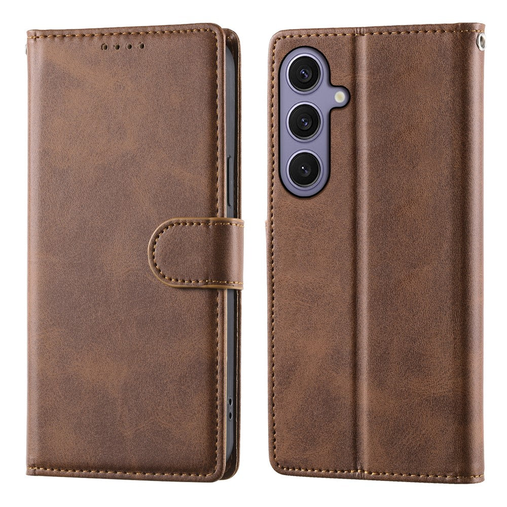 For Samsung Galaxy S25+  /  S24+ Case Stand Wallet Calf Texture PU Leather Flip Phone Cover with Wrist Strap