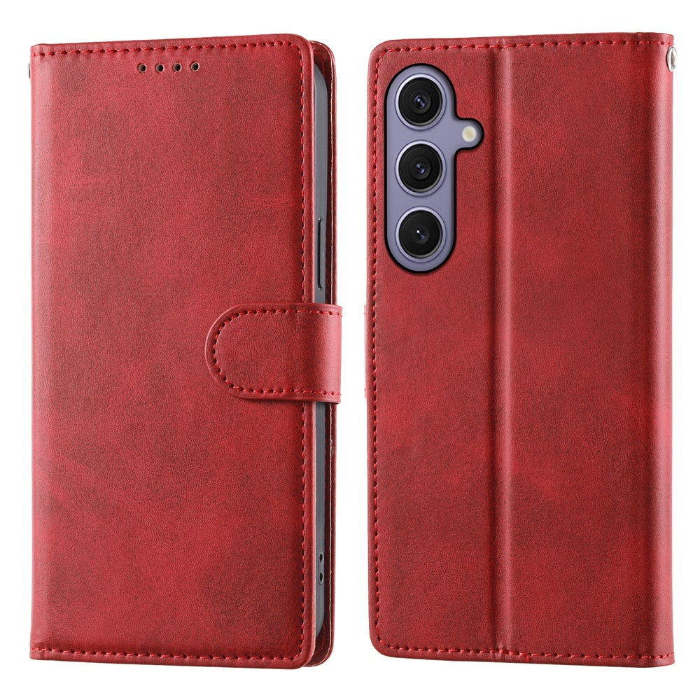 For Samsung Galaxy S25+  /  S24+ Case Stand Wallet Calf Texture PU Leather Flip Phone Cover with Wrist Strap