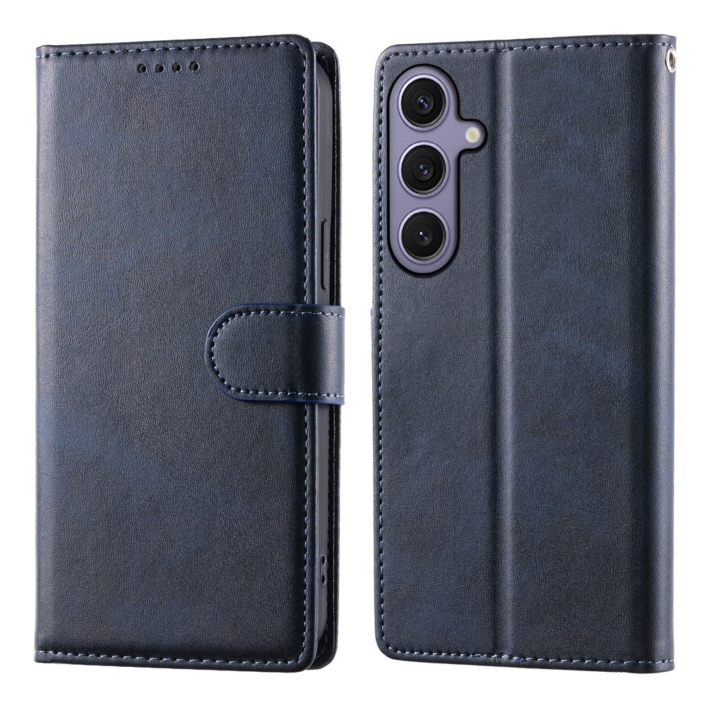 For Samsung Galaxy S25+  /  S24+ Case Stand Wallet Calf Texture PU Leather Flip Phone Cover with Wrist Strap