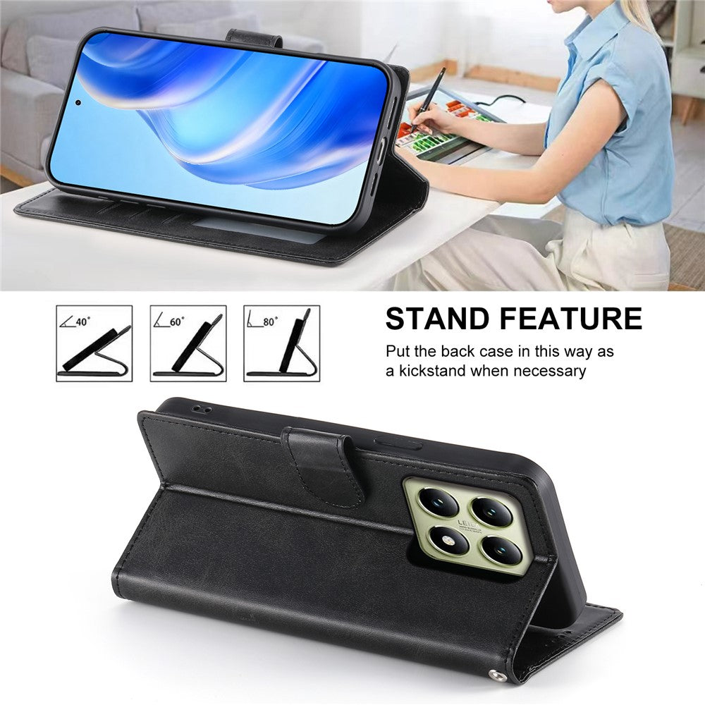 For Xiaomi 14T Case Stand Wallet Calf Texture PU Leather Flip Phone Cover with Wrist Strap