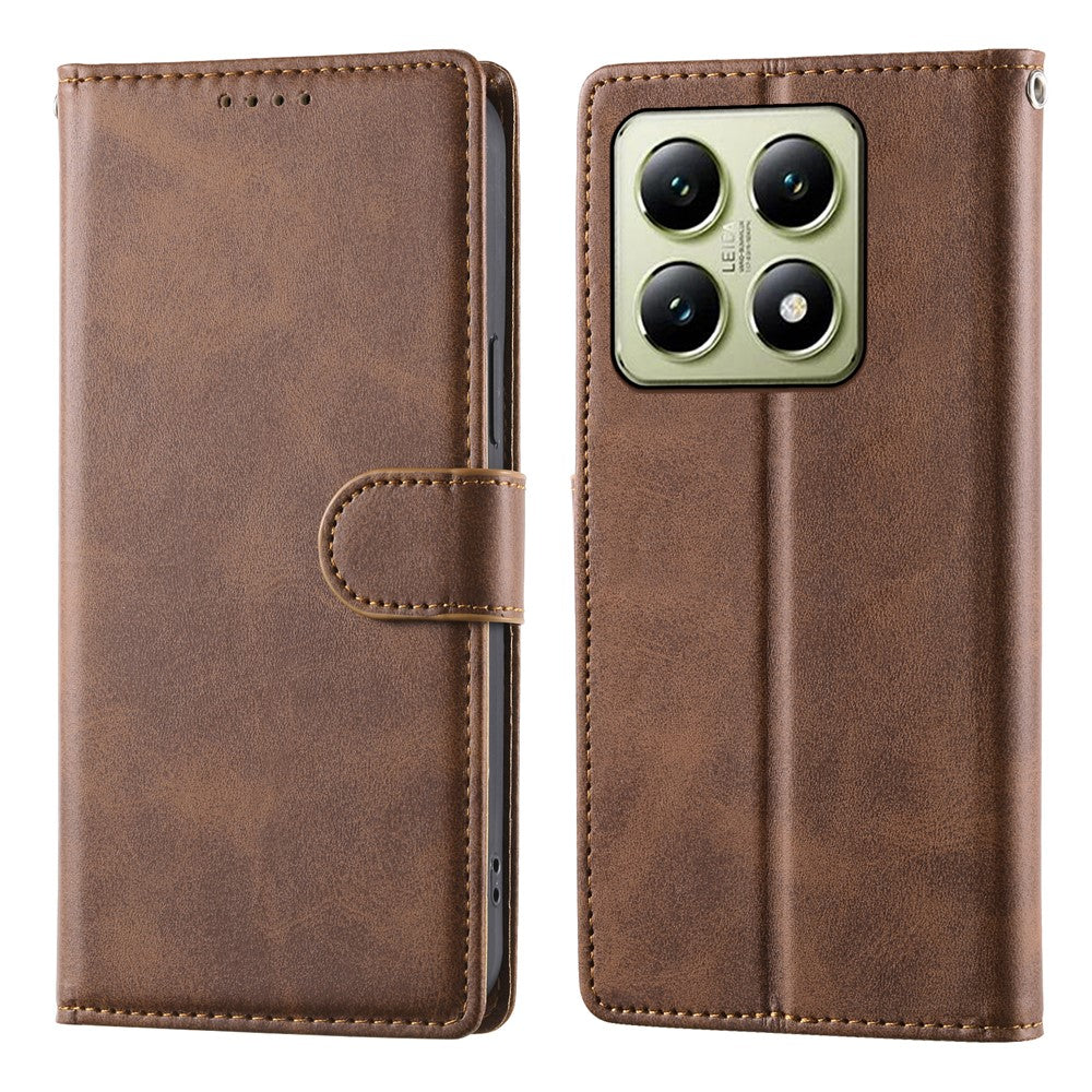 For Xiaomi 14T Case Stand Wallet Calf Texture PU Leather Flip Phone Cover with Wrist Strap