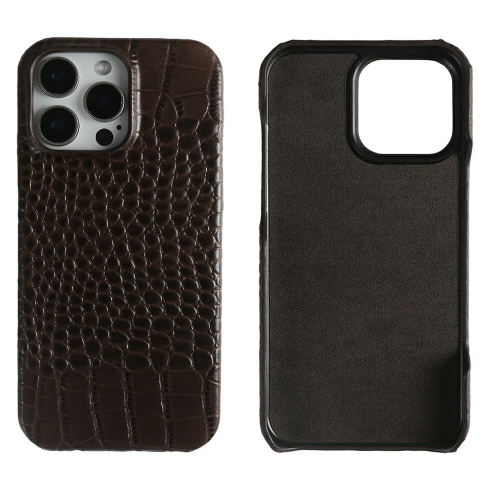 For iPhone 16 Pro Case Crocodile Texture Genuine Cow Leather Coated PC Phone Cover