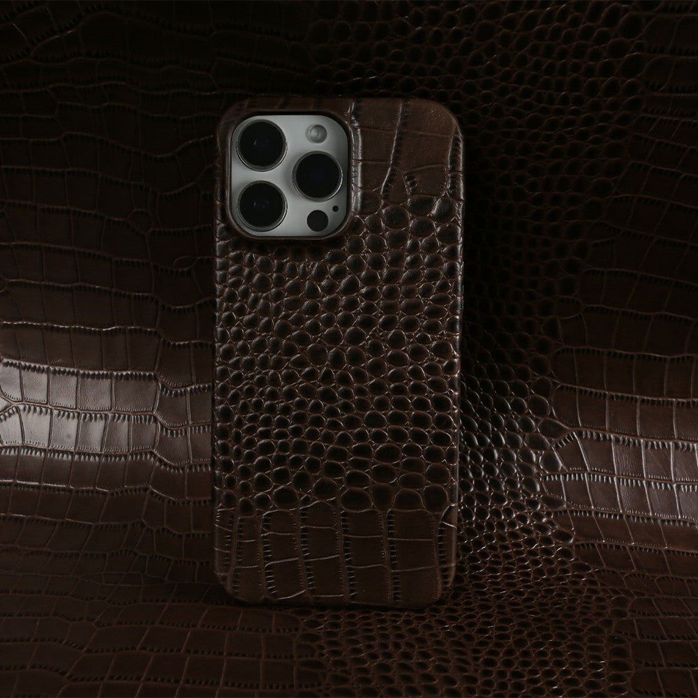 For iPhone 16 Pro Case Crocodile Texture Genuine Cow Leather Coated PC Phone Cover