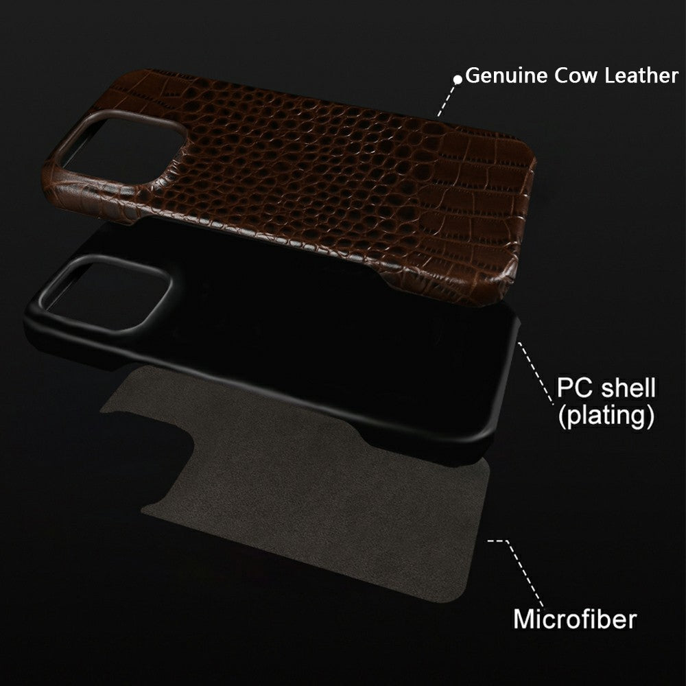 For iPhone 16 Pro Case Crocodile Texture Genuine Cow Leather Coated PC Phone Cover