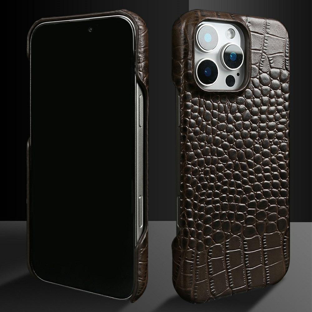 For iPhone 16 Pro Case Crocodile Texture Genuine Cow Leather Coated PC Phone Cover
