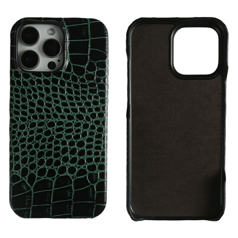 For iPhone 16 Pro Case Crocodile Texture Genuine Cow Leather Coated PC Phone Cover