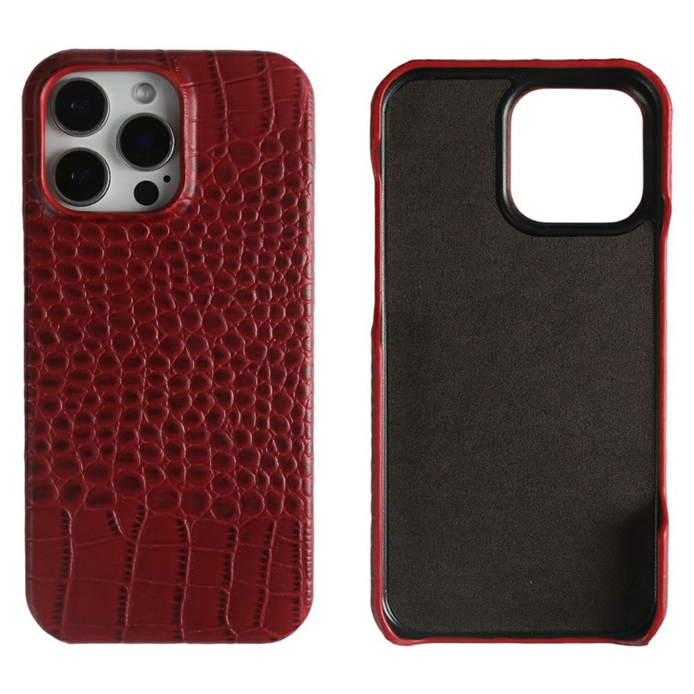 For iPhone 16 Pro Case Crocodile Texture Genuine Cow Leather Coated PC Phone Cover