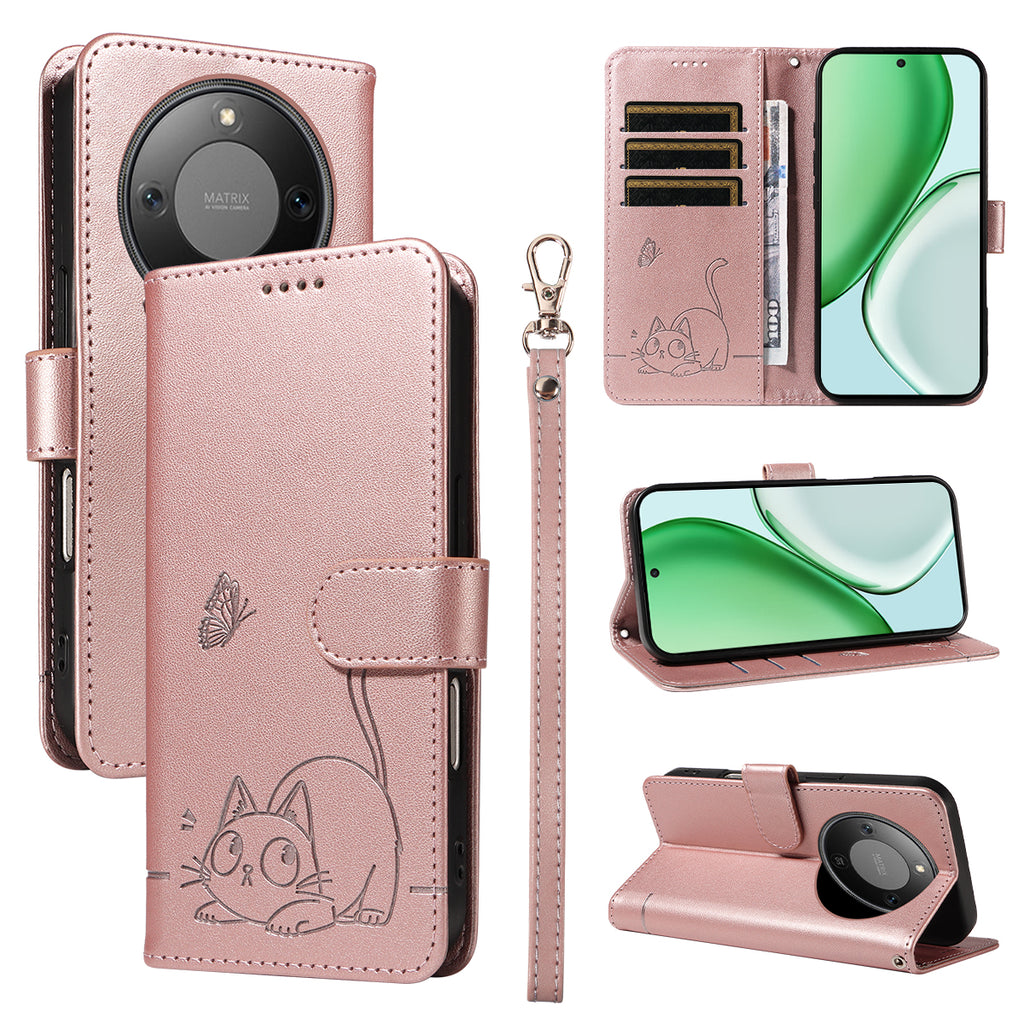 Funda de piel con estampado de gato para Honor X9d 5G / Honor X70 5G con correa de muñeca