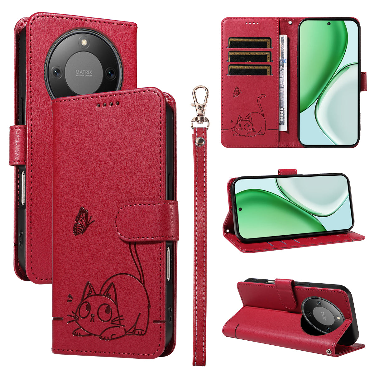 For Honor X9d 5G / Honor X70 5G Case Cat Pattern Imprint Leather Phone Cover with Wrist Strap