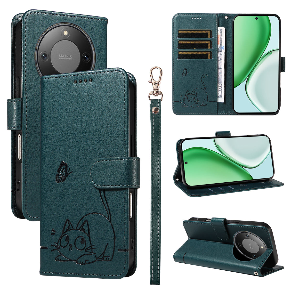 For Honor X9d 5G / Honor X70 5G Case Cat Pattern Imprint Leather Phone Cover with Wrist Strap