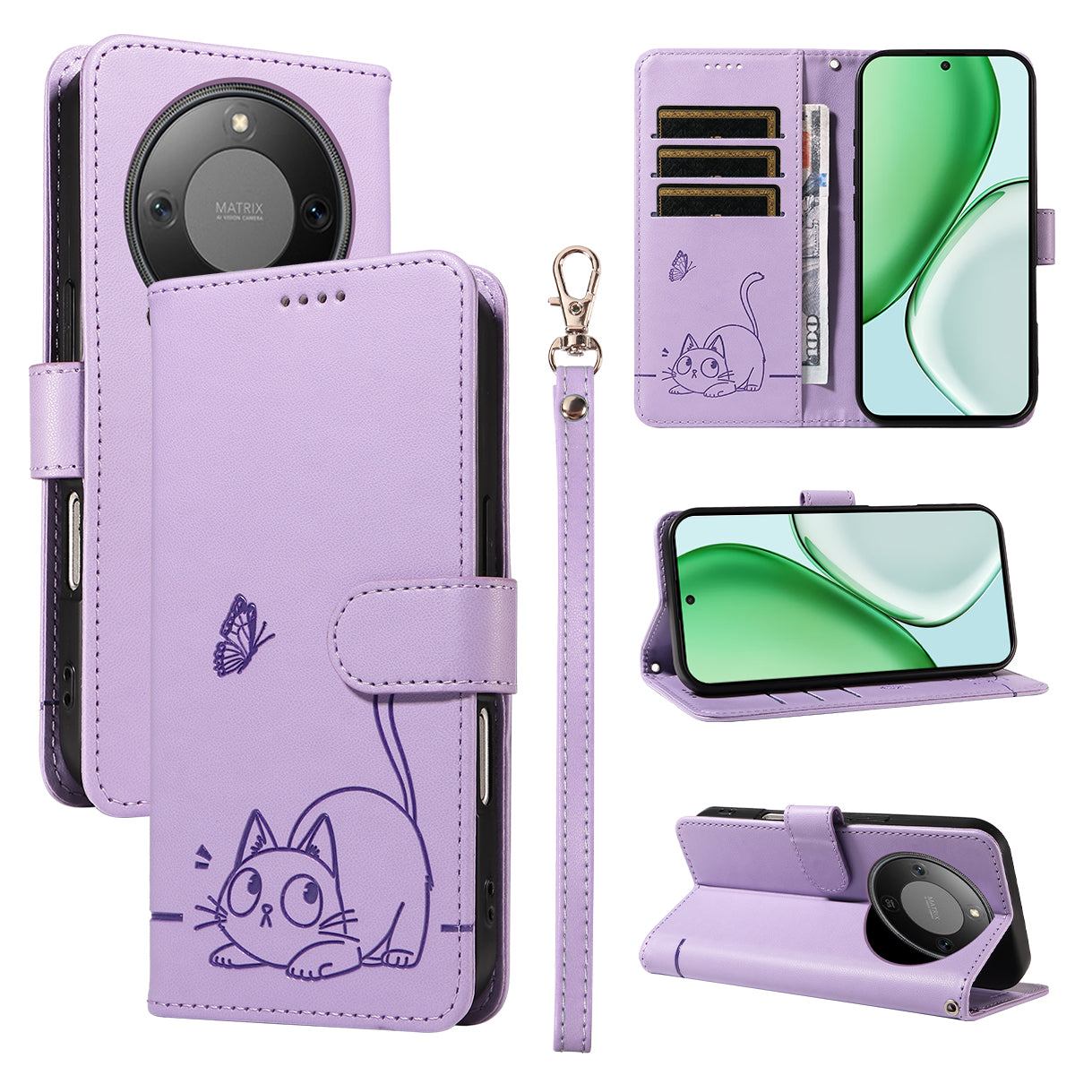 For Honor X9d 5G / Honor X70 5G Case Cat Pattern Imprint Leather Phone Cover with Wrist Strap