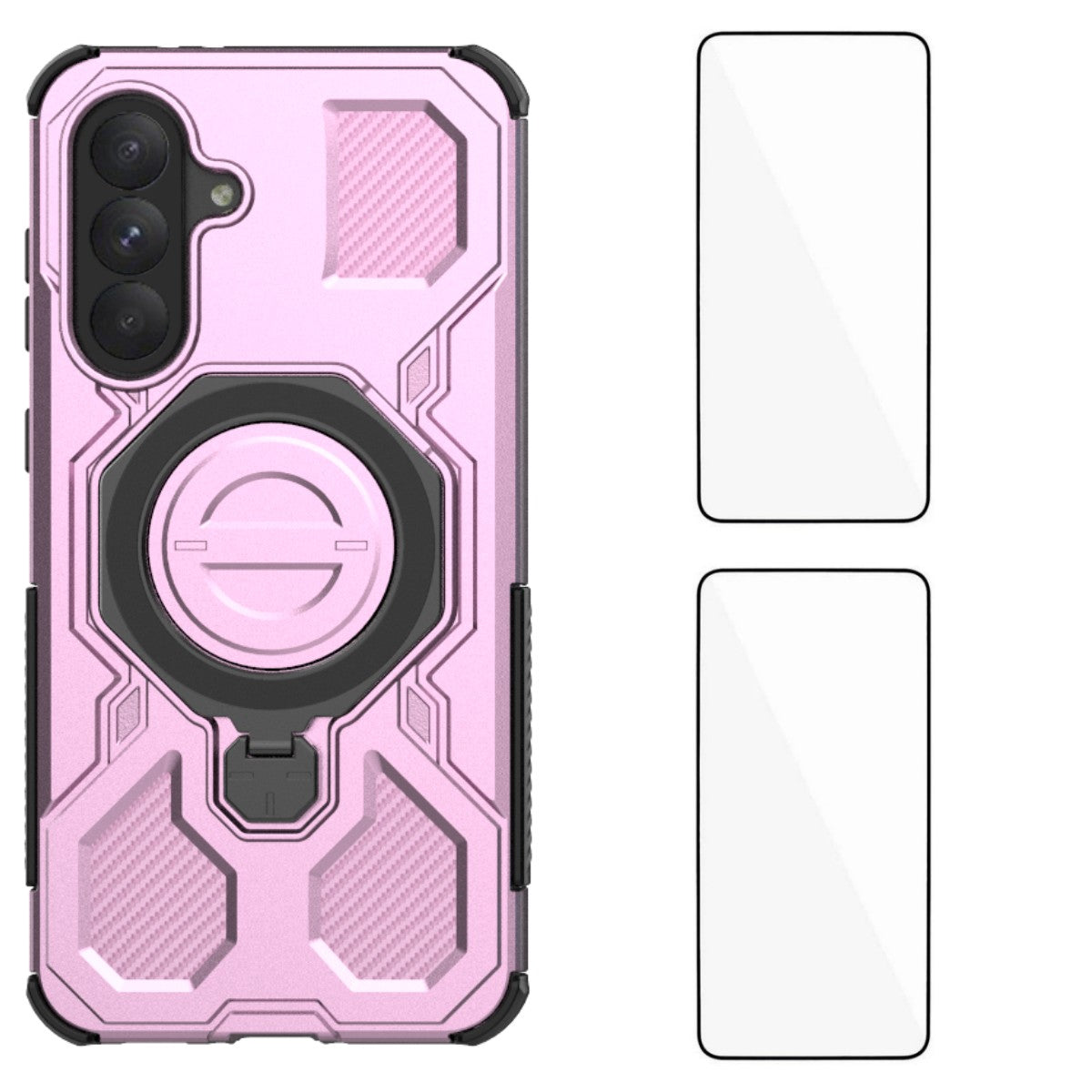 For Samsung Galaxy A17 4G / Galaxy A17 5G Case Kickstand with 2Pcs Screen Film WANLONFENG KJ Series PC TPU Phone Cover (Big Lens Hole)