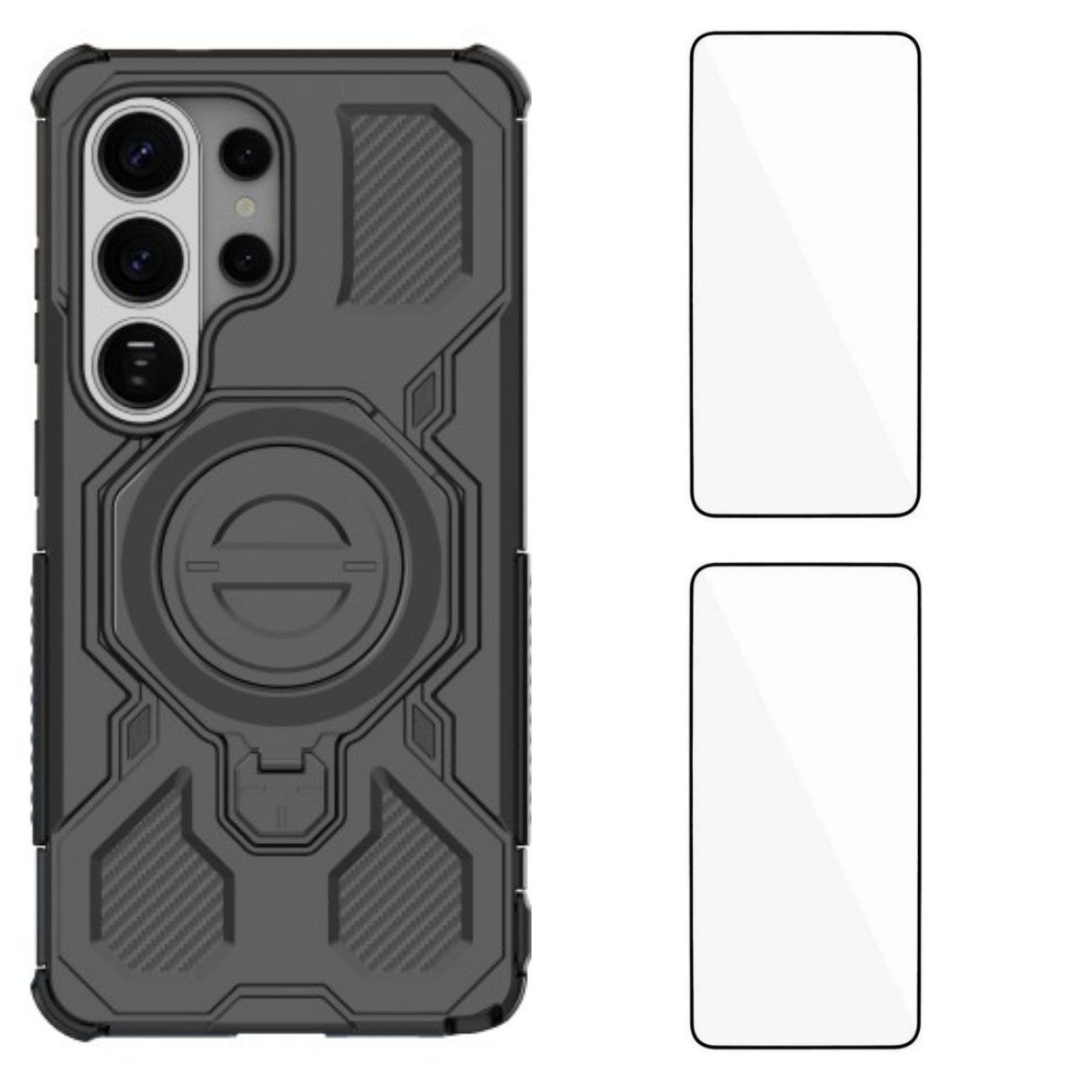 For Samsung Galaxy S26 Ultra Case Kickstand with 2Pcs Screen Film WANLONFENG KJ Series PC TPU Phone Cover (Big Lens Hole)