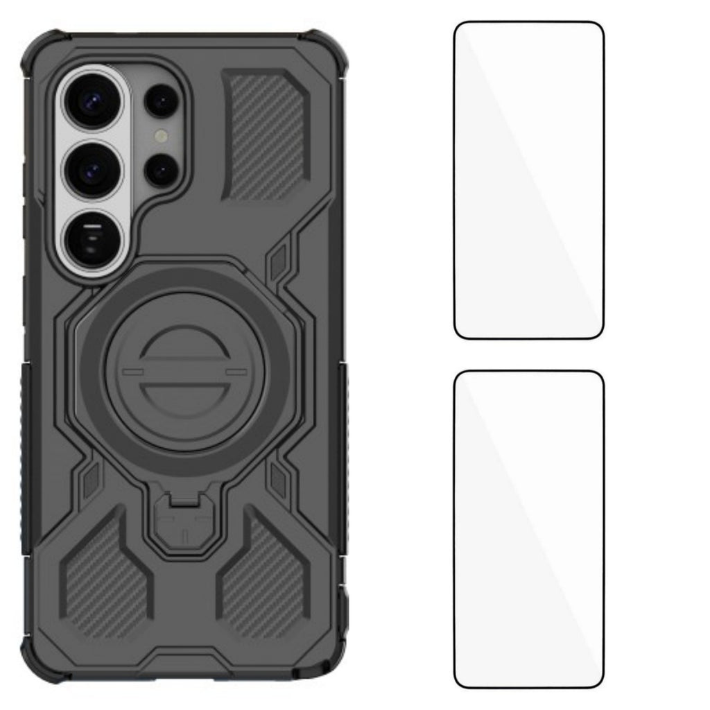 Funda con soporte para Samsung Galaxy S26 Ultra con 2 protectores de pantalla WANLONFENG Serie KJ PC TPU (orificio grande para lente)