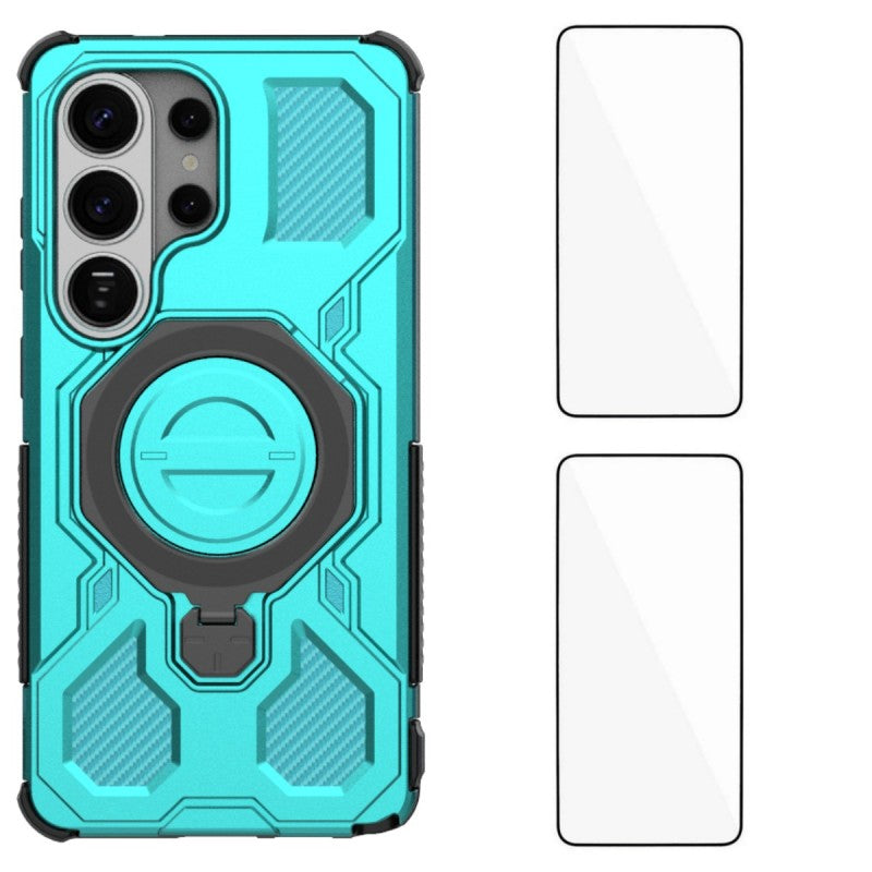 For Samsung Galaxy S26 Ultra Case Kickstand with 2Pcs Screen Film WANLONFENG KJ Series PC TPU Phone Cover (Big Lens Hole)