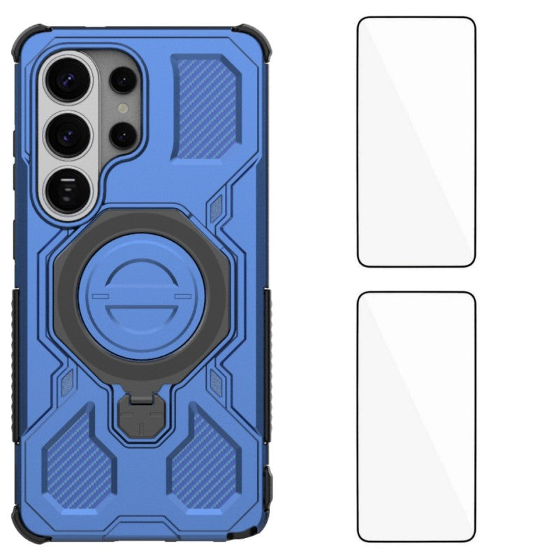 For Samsung Galaxy S26 Ultra Case Kickstand with 2Pcs Screen Film WANLONFENG KJ Series PC TPU Phone Cover (Big Lens Hole)