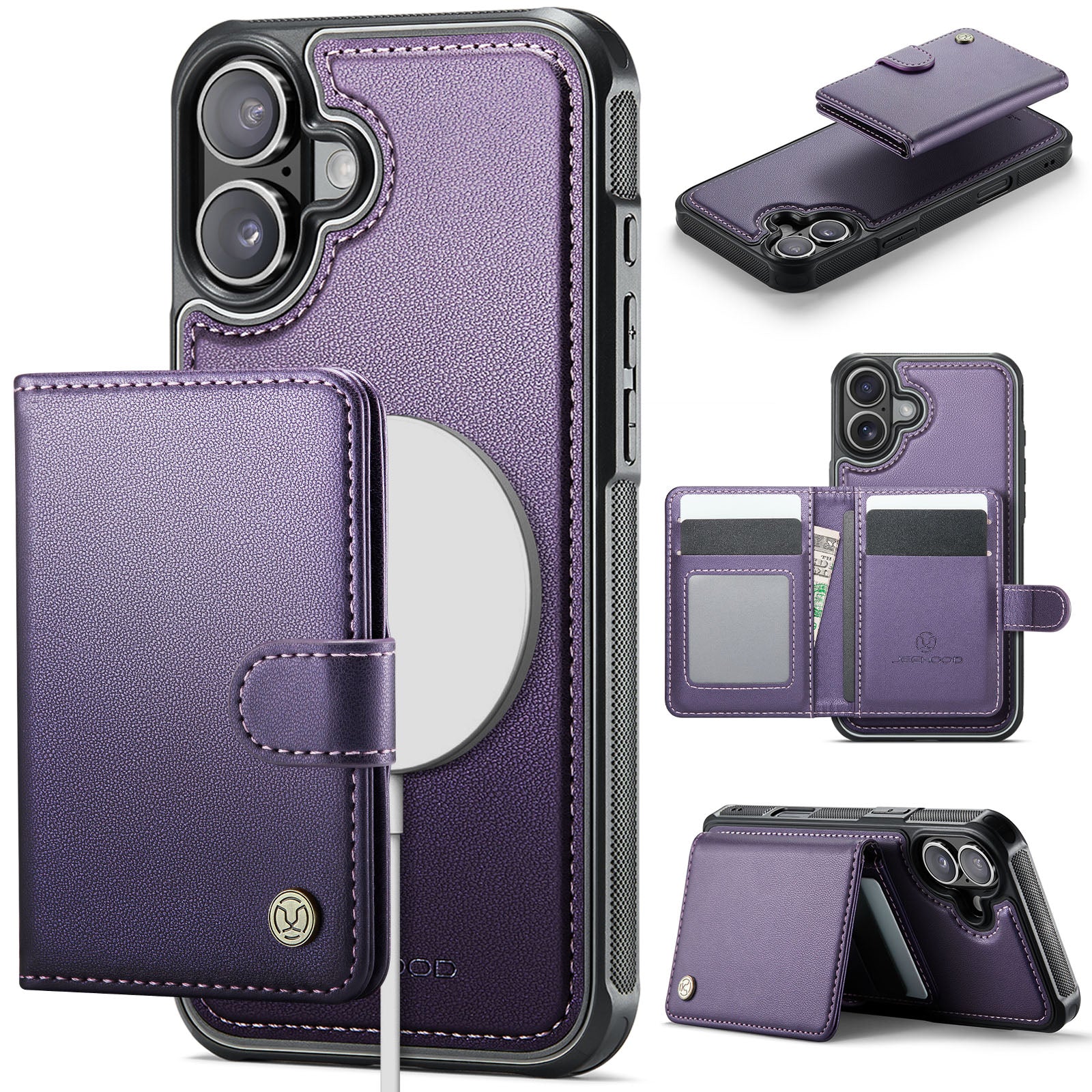 For iPhone 17 Case JEEHOOD J09 RFID Blocking Card Holder Leather Back Phone Cover Compatible with MagSafe