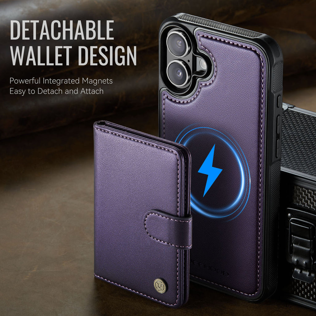 Étui JEEHOOD J09 pour iPhone 17 avec protection RFID, porte-cartes et coque arrière en cuir compatible MagSafe.