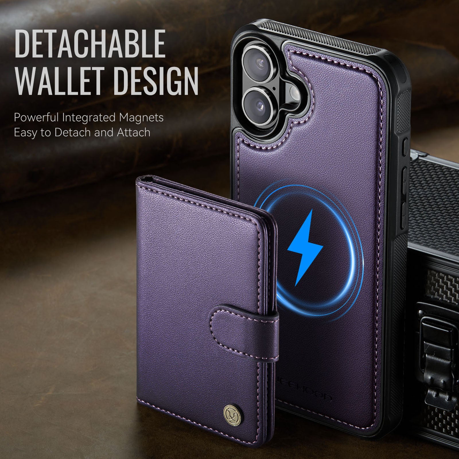 Étui JEEHOOD J09 pour iPhone 17 avec protection RFID, porte-cartes et coque arrière en cuir compatible MagSafe.