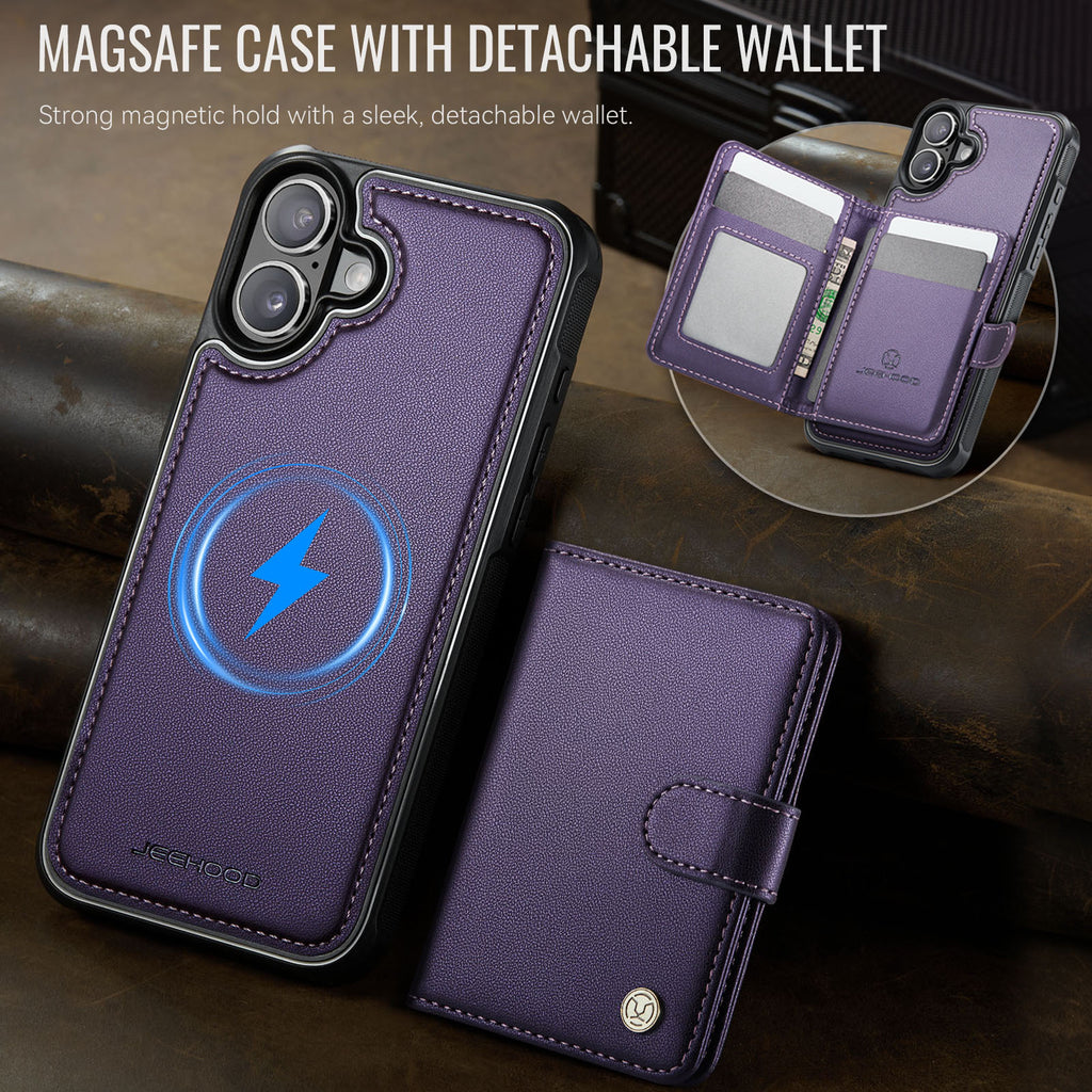 Étui JEEHOOD J09 pour iPhone 17 avec protection RFID, porte-cartes et coque arrière en cuir compatible MagSafe.