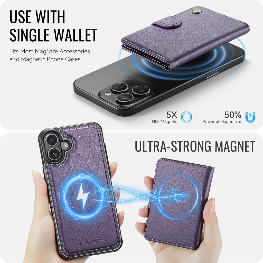 Étui JEEHOOD J09 pour iPhone 17 avec protection RFID, porte-cartes et coque arrière en cuir compatible MagSafe.