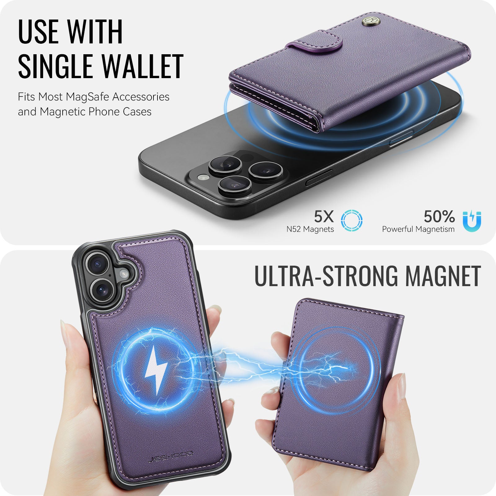 Étui JEEHOOD J09 pour iPhone 17 avec protection RFID, porte-cartes et coque arrière en cuir compatible MagSafe.